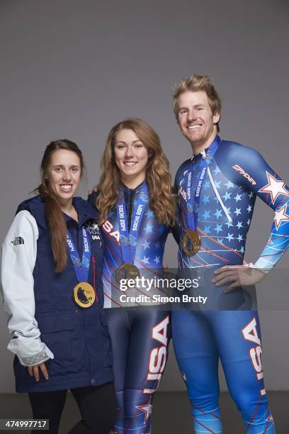 Winter Olympics: Portrait of USA freestyle skiier Maddie Bowman , alpine skiiers Mikaela Shiffrin and Ted Ligety posing with gold medals during photo...