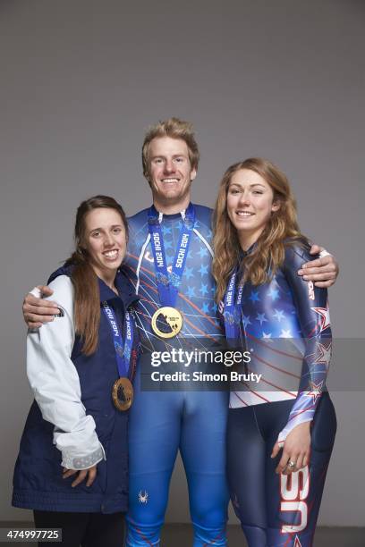 Winter Olympics: Portrait of USA freestyle skiier Maddie Bowman , alpine skiiers Mikaela Shiffrin and Ted Ligety posing with gold medals during photo...