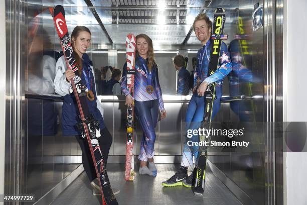 Winter Olympics: Portrait of USA freestyle skiier Maddie Bowman , alpine skiiers Mikaela Shiffrin and Ted Ligety posing with gold medals in elevator...