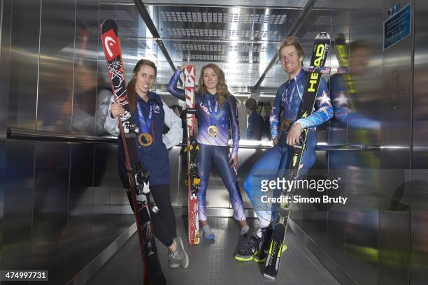 Winter Olympics: Portrait of USA freestyle skiier Maddie Bowman , alpine skiiers Mikaela Shiffrin and Ted Ligety posing with gold medals in elevator...