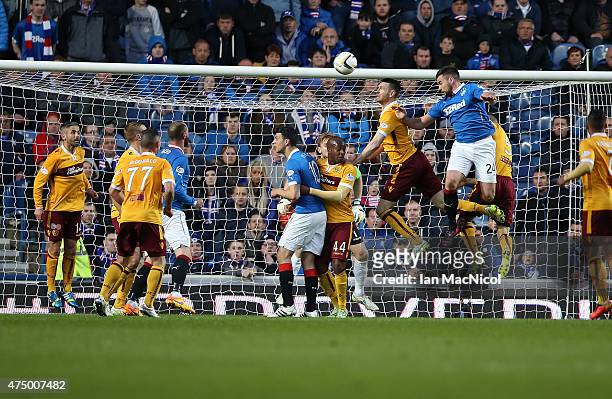 Darren McGregor of Rangers scores during the Scottish Premiership play off final, first leg match between Rangers and Motherwell at Ibrox Stadium on...