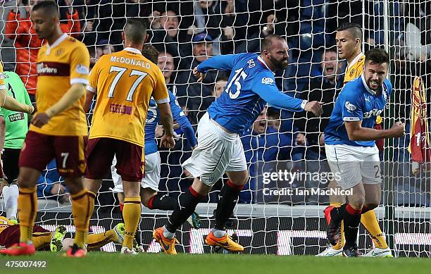 Darren McGregor of Rangers celebrates after he scores during the Scottish Premiership play off final, first leg match between Rangers and Motherwell...