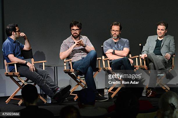 Moderator Eric Kohn, filmmaker Andrew Bujalski, actor Guy Pearce, and actor Kevin Corrigan attend the Apple Store Soho Presents: Meet The Filmmaker...