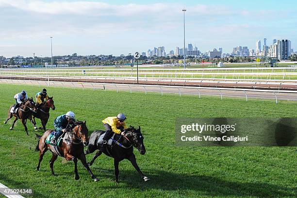 Craig Williams riding Brazen Beau defeats Damien Oliver riding Wandjina in a jump out down the straight course at Flemington Racecourse on May 29,...