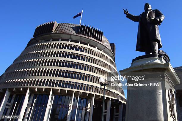 General view of the parliament building and the statue of Richard John Seddon ahead of the FIFA U-20 World Cup New Zealand 2015 on May 29, 2015 in...