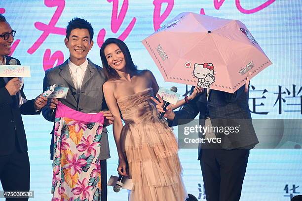 Actress Shu Qi and Taiwaness singer and actor Richie Jen attend new film "All You Need Is Love" press conference on May 28, 2015 in Beijing, China.