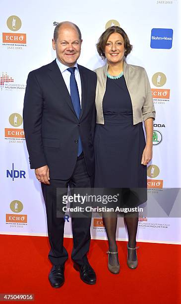 Olaf Scholz and his wife Britta Ernst attend the Echo Jazz 2015 at the dockyard of Blohm+Voss on May 28, 2015 in Hamburg, Germany.