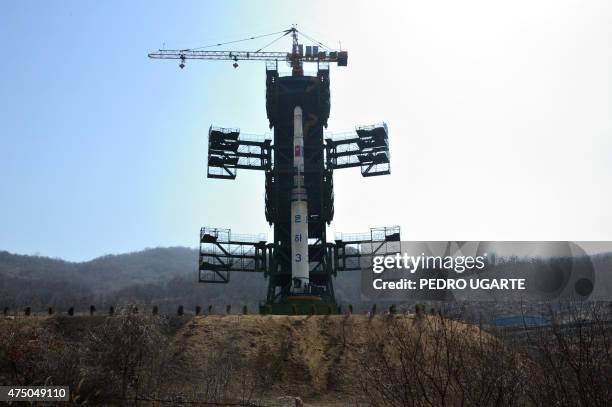 Unha-3 rocket is pictured at the Sohae Satellite Launch Station in Tongchang-Ri on April 8, 2012. North Korea has confirmed their intention to launch...