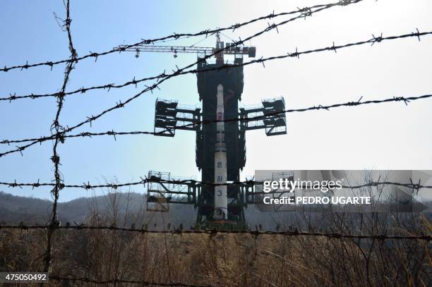 Unha-3 rocket is pictured at the Sohae Satellite Launch Station in Tongchang-Ri on April 8, 2012. North Korea has confirmed their intention to launch...