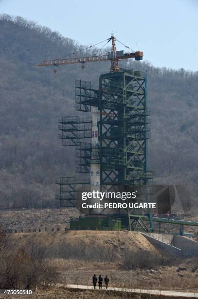 Unha-3 rocket is pictured at the Sohae Satellite Launch Station in Tongchang-Ri on April 8, 2012. North Korea has confirmed their intention to launch...