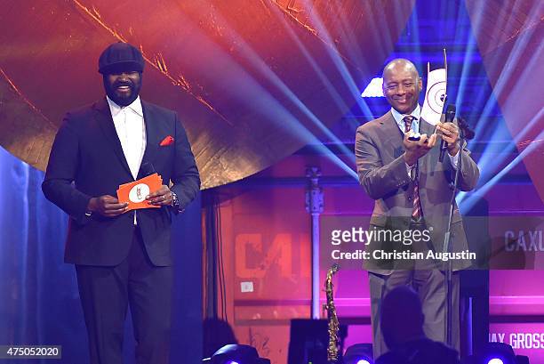 Gregory Porter and Branford Marsalis attend the Echo Jazz 2015 at the dockyard of Blohm+Voss on May 28, 2015 in Hamburg, Germany.
