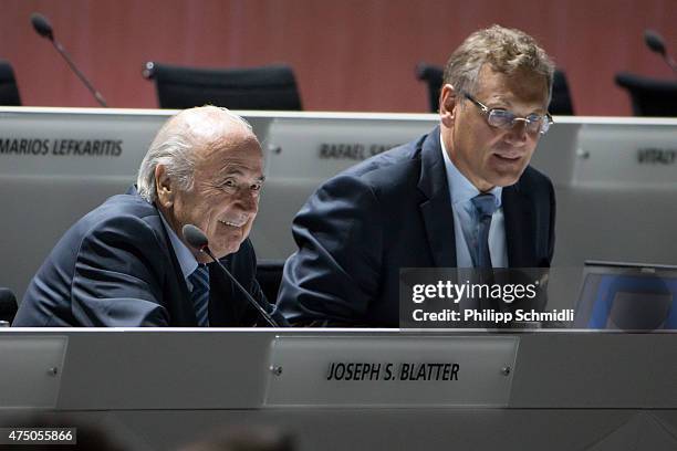 President Joseph S. Blatter and FIFA Secretary General Jerome Valcke look on prior to the 65th FIFA Congress at Hallenstadion on May 29, 2015 in...