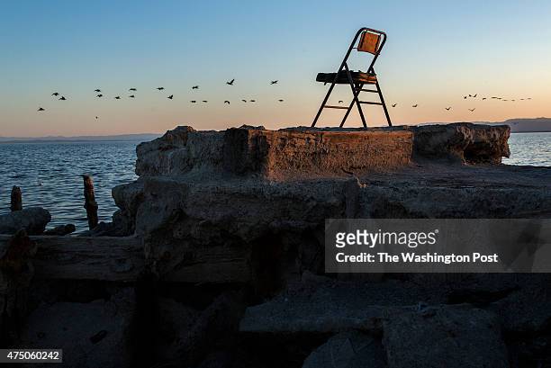 Flock of birds flies above the Salton Sea beyond the decaying shoreline of Bombay Beach, CA on April 16, 2015. Scientists and environmentalists are...
