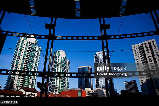 Buildings are seen in the skyline from the American Plaza trolley station in San Diego, California, U.S., on Sunday, Feb. 23, 2014. The U.S. Bureau...