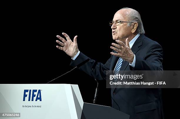 President Joseph S. Blatter talks during the 65th FIFA Congress at the Hallenstadion on May 29, 2015 in Zurich, Switzerland.