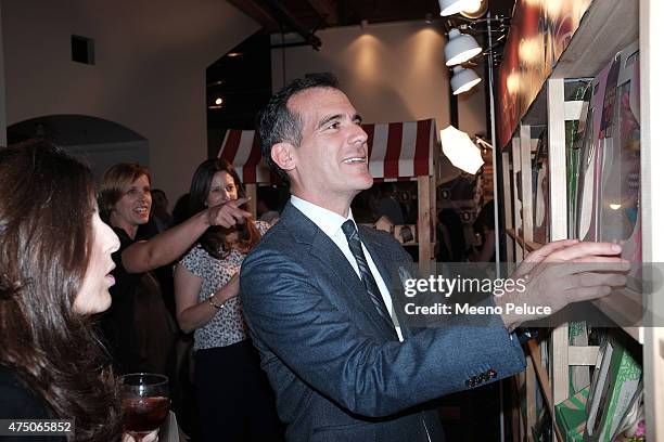 Los Angeles Mayor Eric Garcetti at the Seedling launch party for their Downtown LA Arts District Headquarters on May 28, 2015 in Los Angeles,...