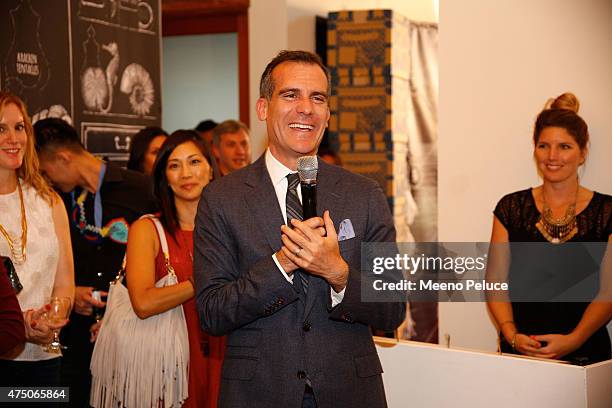 Los Angeles Mayor Eric Garcetti at the Seedling launch party for their Downtown LA Arts District Headquarters on May 28, 2015 in Los Angeles,...