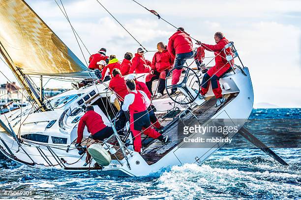 sailing crew on sailboat during regatta - sail stock pictures, royalty-free photos & images