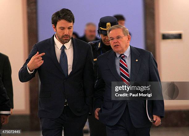 Actor and founder of the Eastern Congo Initiative Ben Affleck and Sen. Robert Menendez arrive at the US Senate Hearing On The Democratic Republic Of...