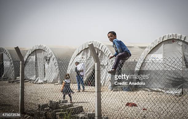 Syrian child enjoys behind wire nettings in Suruc district of Sanliurfa, Turkey on May 28, 2015. Syrian refugees fled their home due to the civil war...