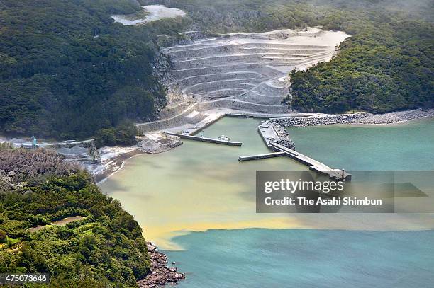 In this aerial image, the color of sea chaged by the pyroclastic flow by the eruption of Mount Shindake at Kuchinoerabu Island on May 29, 2015 in...