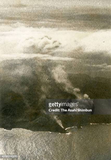 In this aerial image, volcanic ash spews from Mount Shindake at Kuchinoerabu Island on November 22, 1966 in Yakushima, Kagoshima, Japan.
