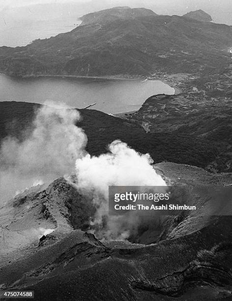 In this aerial image, volcanic ash spews from Mount Shindake at Kuchinoerabu Island on November 5, 1973 in Yakushima, Kagoshima, Japan.