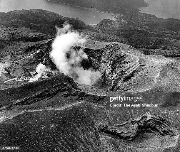 In this aerial image, volcanic ash spews from Mount Shindake at Kuchinoerabu Island on April 25, 1976 in Yakushima, Kagoshima, Japan.