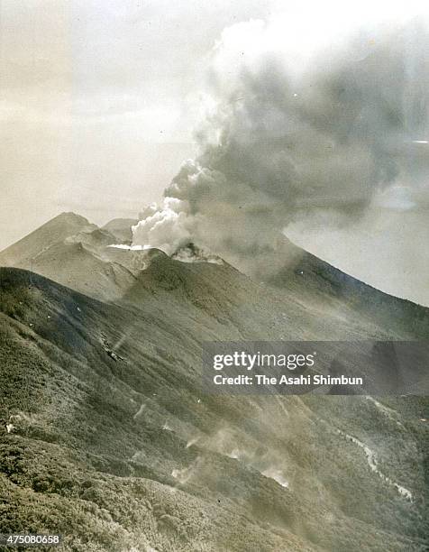 In this aerial image, volcanic ash spews from Mount Shindake at Kuchinoerabu Island on November 22, 1966 in Yakushima, Kagoshima, Japan.