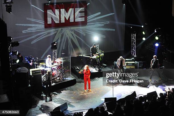 Chris Stein, Tommy Kessler, Glen Burke, Debbie Harry, Leigh Fox and Matt Katz-Owen of Blondie onstage at the annual NME Awards at Brixton Academy on...