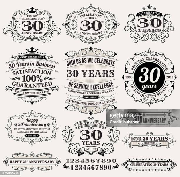 thirty year anniversary hand-drawn royalty free vector background on paper - 30 34 years stock illustrations