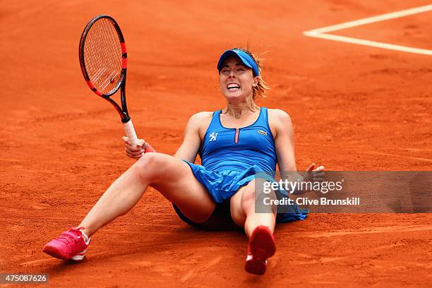 Alize Cornet of France celebrates match point in her Women's Singles match against Mirjana Lucic-Baroni of Croatia on day six of the 2015 French Open...