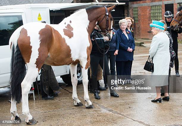 Queen Elizabeth II is shown horses as she visits Myerscough College at Lodge Livery Yard on May 29, 2015 in Lancaster, England.