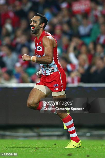 Adam Goodes of the Swans celebrates kicking a goal during the round nine AFL match between the Sydney Swans and the Carlton Blues at SCG on May 29,...