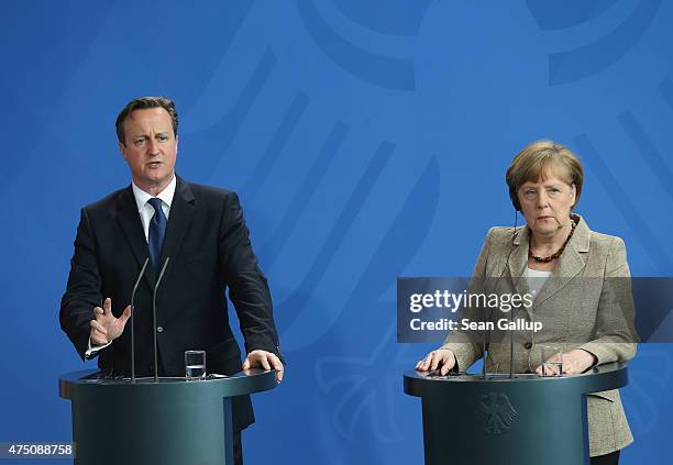 German Chancellor Angela Merkel and British Prime Minister David Cameron speak to the media following talks at the Chancellery on May 29, 2015 in...