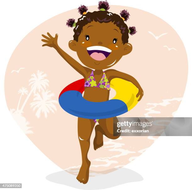 stockillustraties, clipart, cartoons en iconen met girl wearing inner tube at beach - baby summer