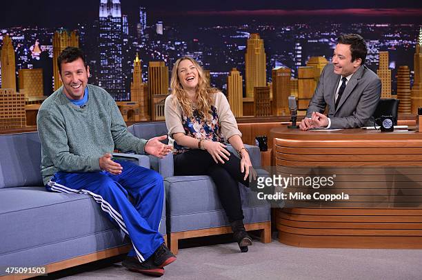 Adam Sandler and Drew Barrymore visit "The Tonight Show Starring Jimmy Fallon" at Rockefeller Center on February 26, 2014 in New York City.