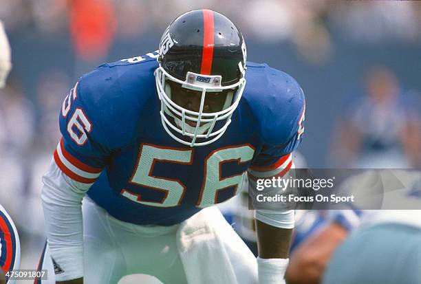 Lawrence Taylor of the New York Giants in action against the Dallas Cowboys during an NFL football game September 30, 1990 at The Meadowlands in East...