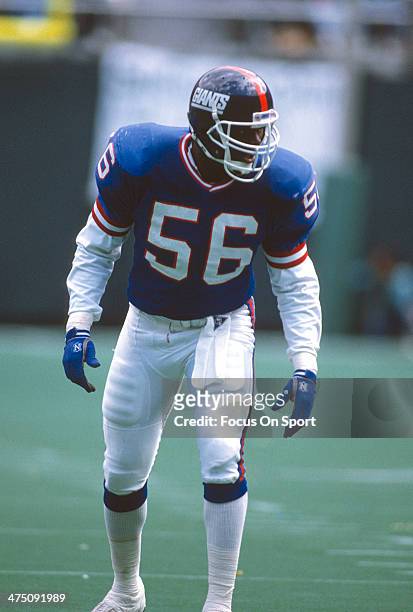 Lawrence Taylor of the New York Giants in action during an NFL football game circa 1985 at The Meadowlands in East Rutherford, New Jersey. Taylor...