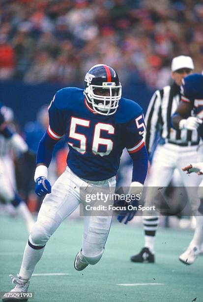 Lawrence Taylor of the New York Giants in action during an NFL football game circa 1985 at The Meadowlands in East Rutherford, New Jersey. Taylor...