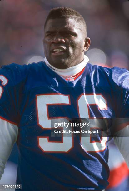 Lawrence Taylor of the New York Giants looks on during an NFL football game circa 1991 at The Meadowlands in East Rutherford, New Jersey. Taylor...