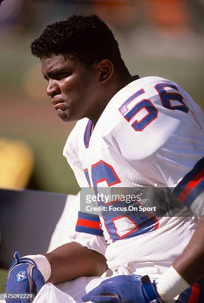 Lawrence Taylor of the New York Giants looks on during an NFL Football game circa 1981. Taylor played for the Giants from 1981-93.