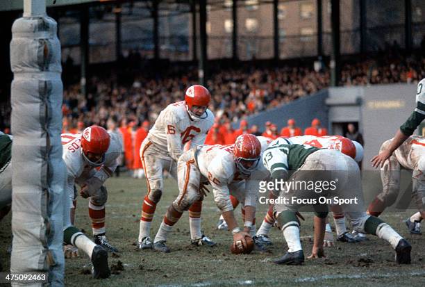 Len Dawson of the Kansas City Chiefs in action against the New York Jets during an AFL Football game November 27, 1966 at Shea Stadium in the Queens...