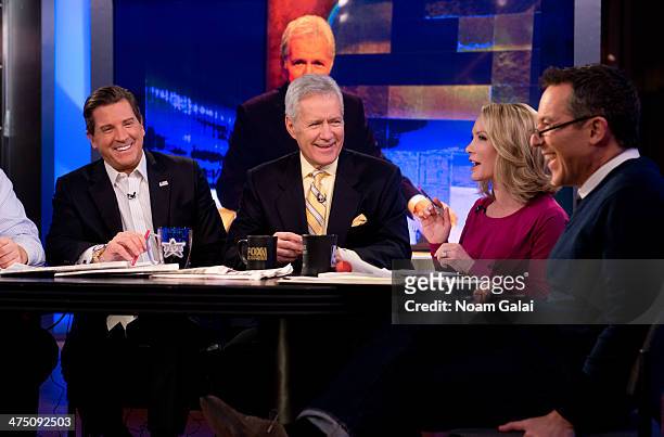 Personality Alex Trebek and hosts of 'The Five' Eric Bolling, Dana Perino and Greg Gutfeld attend FOX News' "The Five" at FOX Studios on February 26,...