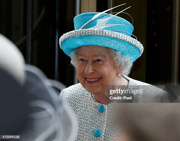 Queen Elizabeth II smiles as she arrives at Lancaster Railway Station on May 29, 2015 in Lancaster, England.