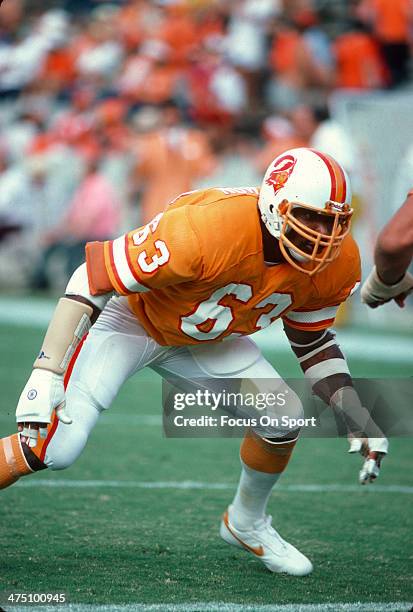 Lee Roy Selmon of the Tampa Bay Buccaneers in action against the Pittsburgh Steelers during an NFL football game November 9, 1980 at Tampa Stadium in...