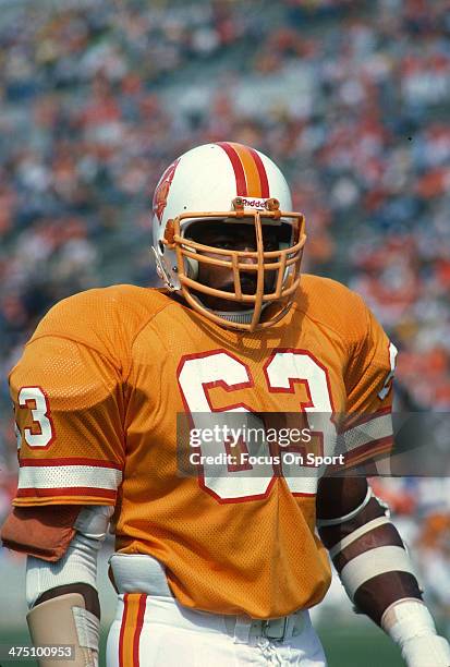 Lee Roy Selmon of the Tampa Bay Buccaneers looks on against the Pittsburgh Steelers during an NFL football game November 9, 1980 at Tampa Stadium in...