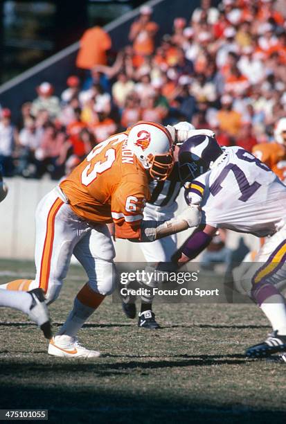 Lee Roy Selmon of the Tampa Bay Buccaneers in action against Steve Riley of the Minnesota Vikings during an NFL football game December 7, 1980 at...