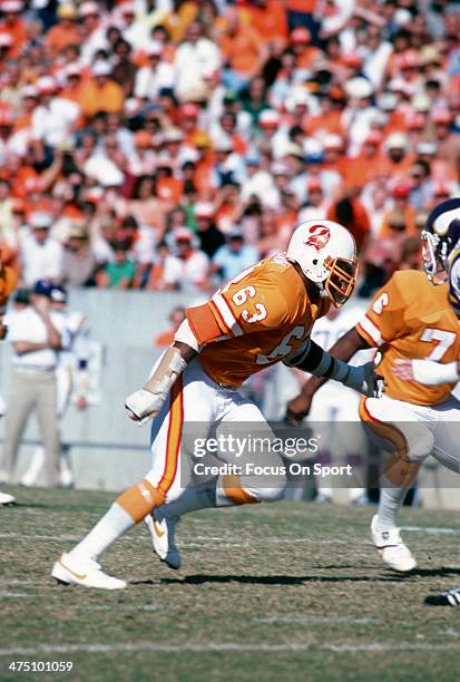 Lee Roy Selmon of the Tampa Bay Buccaneers in action against the Minnesota Vikings during an NFL football game December 7, 1980 at Tampa Stadium in...