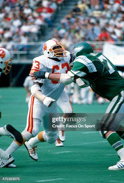 Lee Roy Selmon of the Tampa Bay Buccaneers in action against the Philadelphia Eagles during an NFL football game October 25, 1981 at Veterans Stadium...